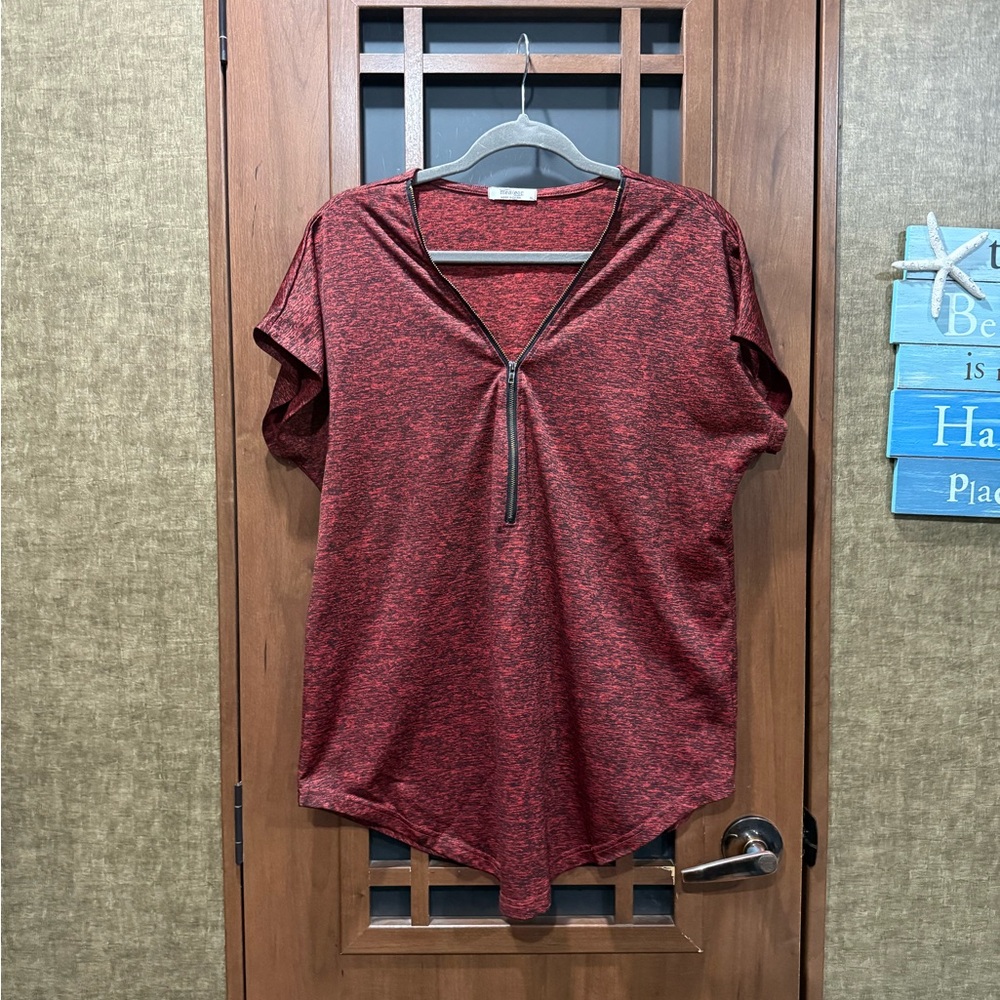 Women's Red and Black V-Neck Top